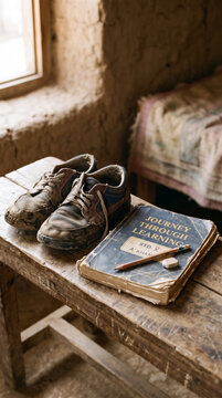 Worn Shoes Beside Schoolbook and Pencil Symbolizing Journey Through Education