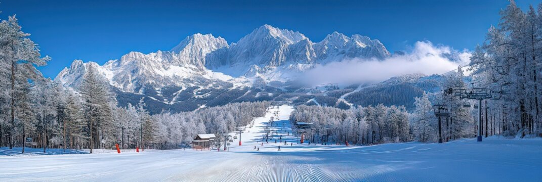 A stunning winter scene featuring a freshly groomed ski slope with perfect snow texture. The image captures the excitement of winter sports, with a snowboard poised on the edge of the slope and snow.