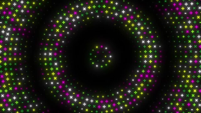 Glowing Mathematical Plus and Minus Signs Grid Tunnel with Neon Pink Green and White Lights Rotating Loop 4k video