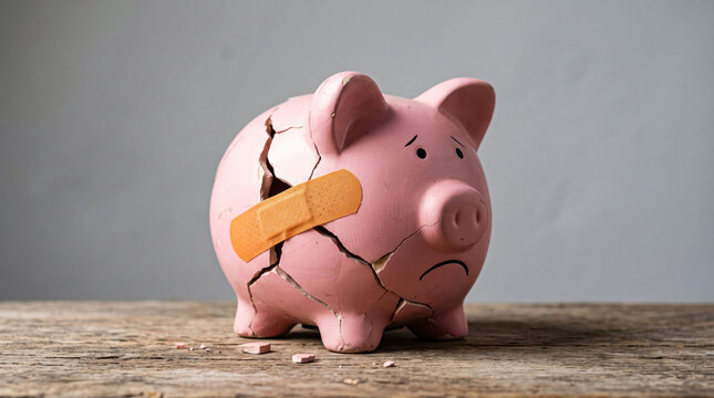 Broken pink piggy bank with money falling out