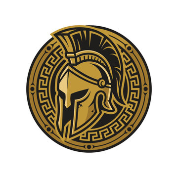 Gold Spartan helmet emblem with Greek key border circle.