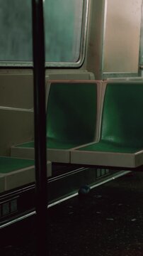 A subway train interior shows empty green seats. The carriage is quiet with no passengers. Light from the windows creates shadows on the seats.