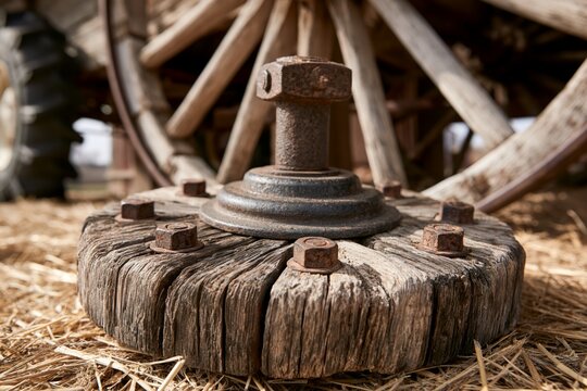 Close-up of rusty cotter pin and wooden wagon wheel hub on straw floor