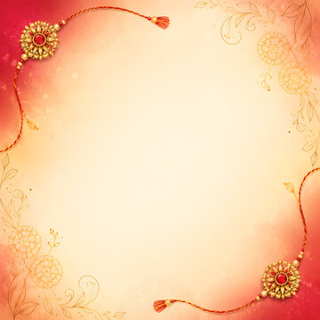 Festive frame with two traditional rakhi threads and floral patterns on red background.
