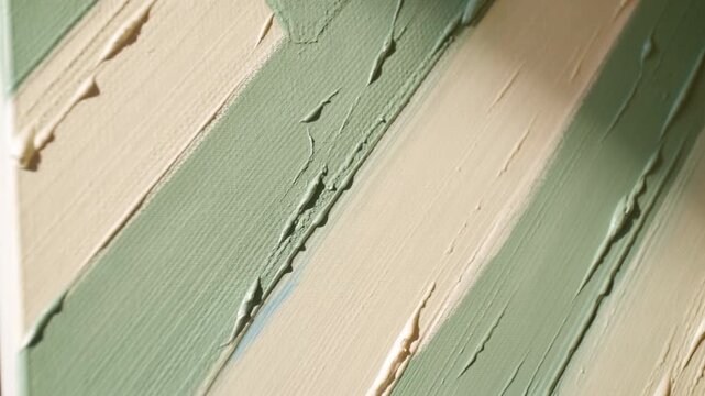 Close-up diagonal impasto paint on canvas with sage green and creamy beige ridges under warm window light, showing thick layered texture, soft shadows, and tactile abstract surface detail