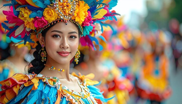 Vibrant portrait of a smiling young woman wearing a colorful, elaborate carnival headpiece at an outdoor festival parade, evoking pure joy, cultural pride, and celebratory energy.