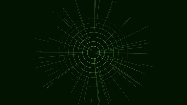 Green digital radar hud interface with pulsing circular scan lines and data rays animation 4k