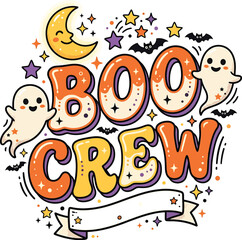Fototapeta premium Retro Boo Crew Halloween typography sticker with cute smiling ghosts and crescent moon vector illustration