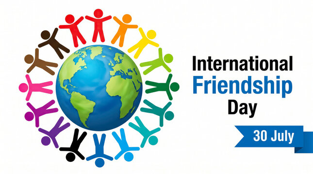 Colorful people holding hands around globe for international friendship day
