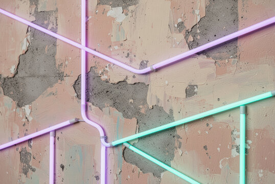 Pastel peeling wall texture with neon tube geometry lines