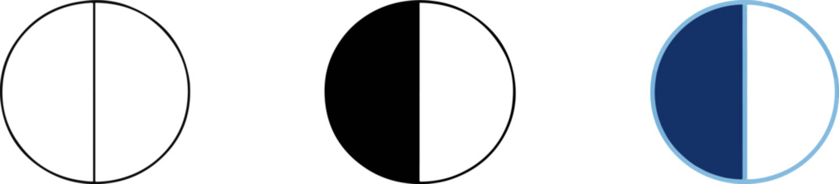 Set of three circular symbols featuring split hemisphere patterns in different styles hemisphere geometry abstract variation contrast minimalist
