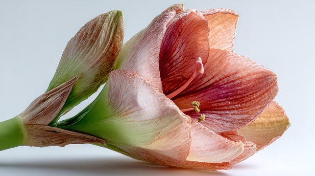 A vibrant amaryllis flower unfolds its soft pink petals, brightening an indoor space with elegance