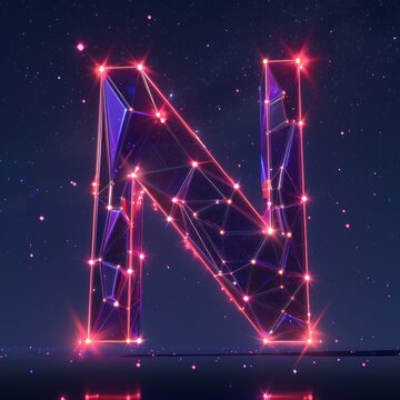 A glowing, polygonal letter N is formed by a constellation of stars against a dark blue night sky.