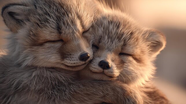 Two young foxes snuggle close, eyes softly closed.