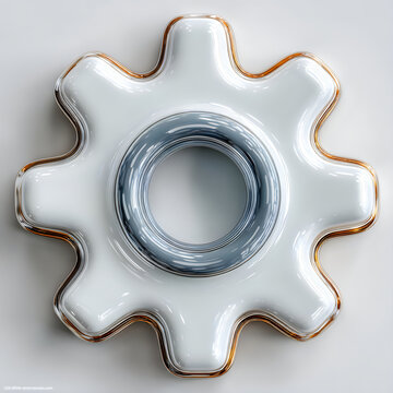 Sleek white gear symbol design golden metallic edges modern technology concept clean render pictures