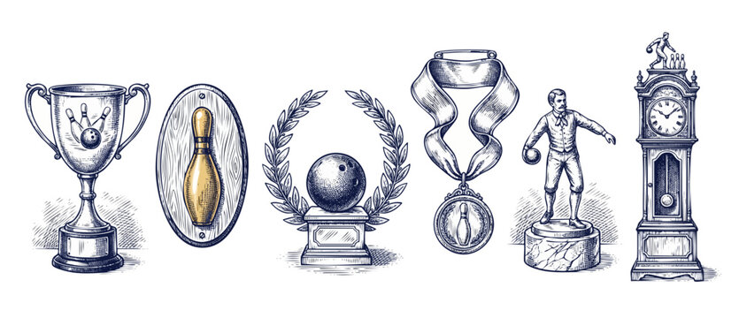 Bowling trophy championship award elements, vintage engraving style vector illustrations of pins, balls, medals, plaques, and bowler statues for tournament celebration and retro sports league victory.