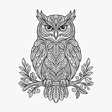 Detailed zentangle owl illustration perched on a leafy branch.
