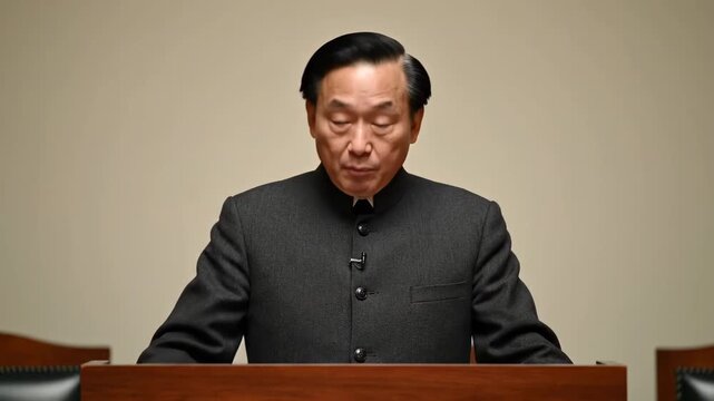 A man in Chinese clothing speaks in front of the stage, with a close-up of his speech