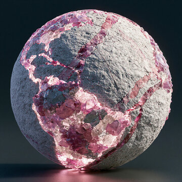 Pink crystal geode stone sphere on dark background