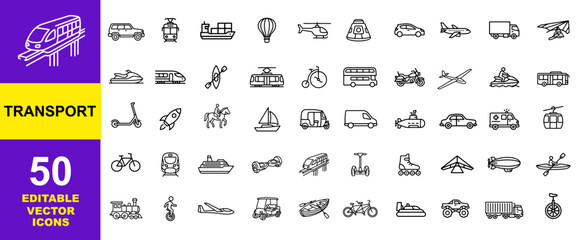 Transport Icons Set: 50 Editable Vector Icons of Land, Sea, and Air Travel, Public Transit, Automotive Vehicles, Shipping Logistics, Urban Mobility, Thin Line Symbols Web Elements © Aquil
