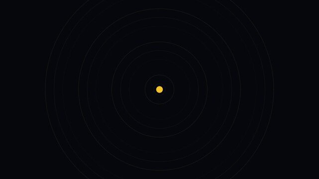 Minimalist concentric circles animation with pulsing yellow dot on dark 4k background, motion