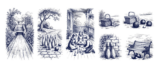 Fototapeta premium Vintage lawn bowling sketch collection featuring retro garden games, picnic baskets, children playing skittles, and rustic park benches in a classic hand-drawn engraving style for nostalgic decor.