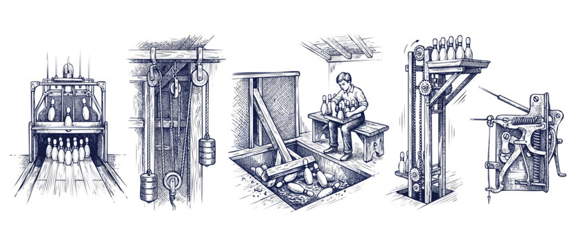 Vintage bowling pinsetter mechanism illustration depicting historical pin boy manual setup process, pulley elevator gear diagrams, and mechanical details in a retro sketch style on white background.