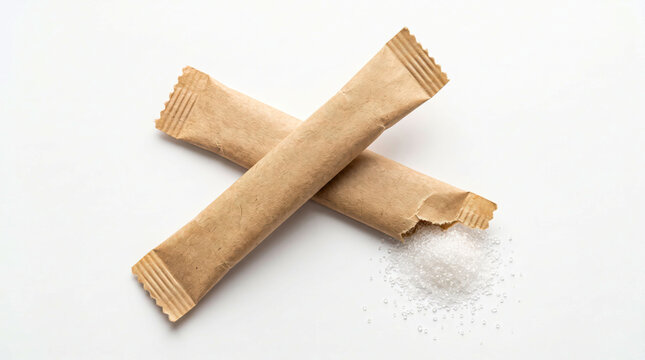 Two empty brown sugar packets crossed on a plain surface
