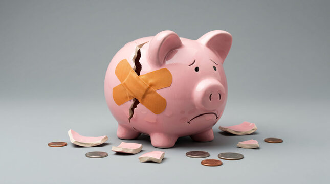 Broken pink piggy bank with coins scattered around