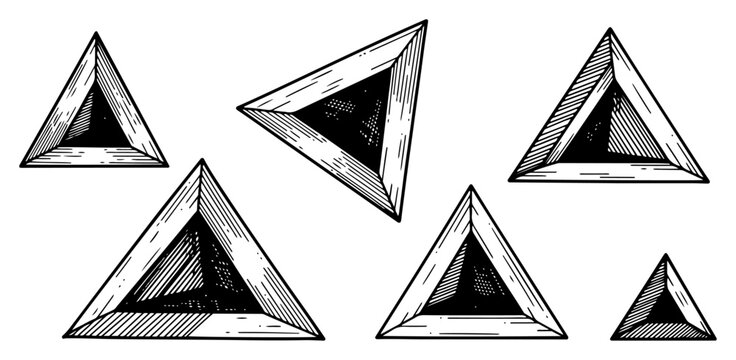 Geometric Triangle Shapes with Perspective, Hand Drawn Engraving Style Abstract Elements, Vintage Woodcut Style Triangles Vector