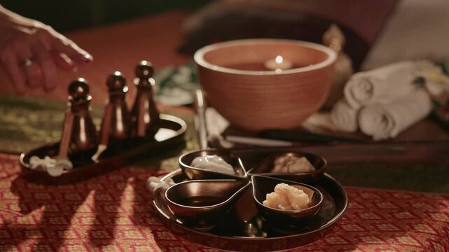 Slow motion hand arranging oil bottles and wooden bowl on massage table with rolled towels in treatment room.