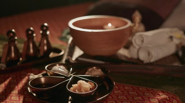 Spa bowls oils towels and candle on wooden tray in treatment room, warm light.