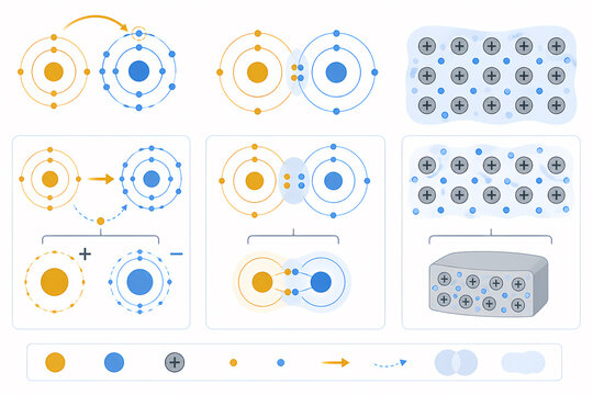Chemical bonds ionic covalent metallic comparison illustration