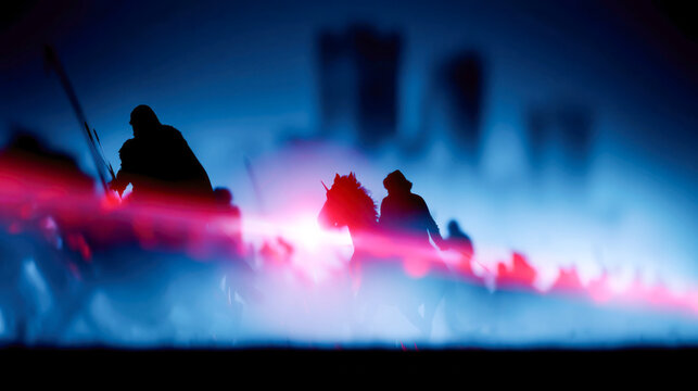 Silhouetted medieval cavalry and infantry advance through blue fog and red light, creating a dramatic historical battle scene of warfare, conflict, strategy, and conquest
