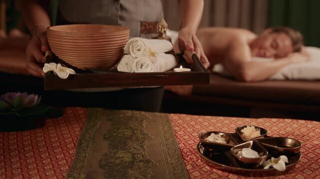 Tracking shot of massage therapist carrying spa tray with bowl towels and candles in treatment room toward massage table to woman client.