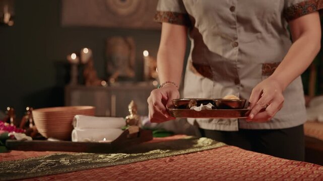 Slow motion Thai therapist placing aromatherapy tray on massage table in candlelit treatment room.
