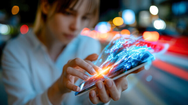 Woman using a smartphone with a holographic world map, representing global connectivity, mobile technology, geolocation, digital communication, and augmented reality