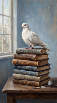 Dove Perched on Books Representing Peace Through Learning