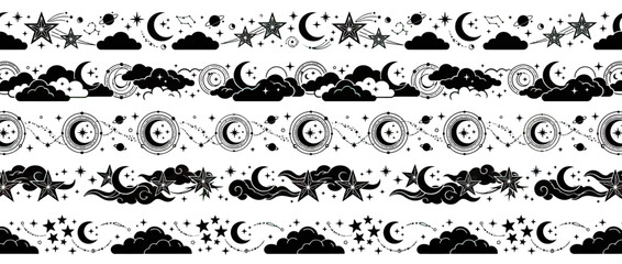 Celestial Night Sky Borders: Moon, Stars, Clouds, Planets, Shooting Stars © intaniaayu