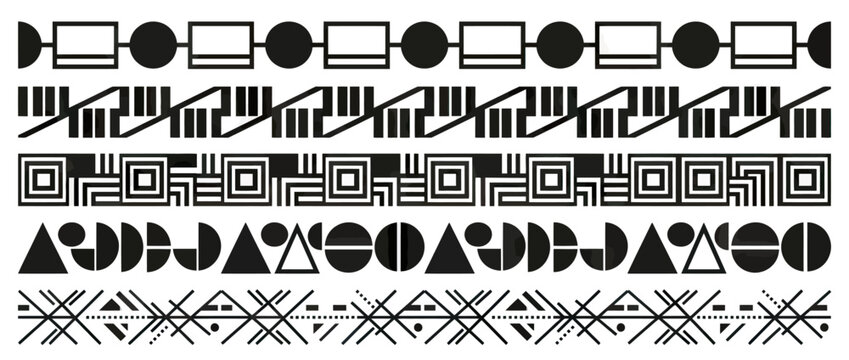 Set of five abstract geometric borders and patterns in black and white