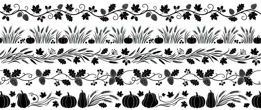 Autumn Harvest Decorative Borders: Pumpkins, Wheat, Leaves, Vines