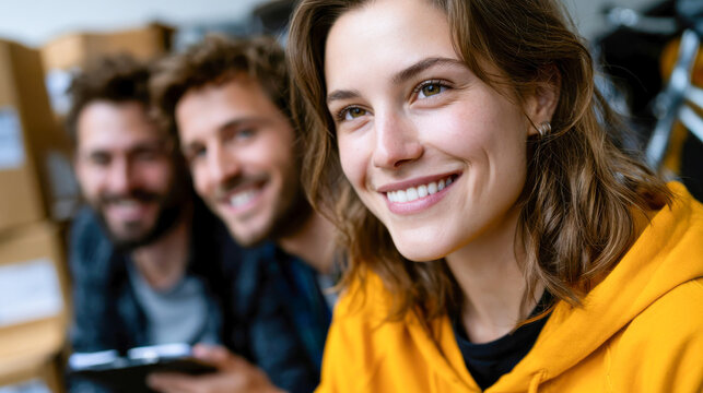 Close-up of smiling young friends using a laptop together while moving into a shared apartment filled with cardboard boxes