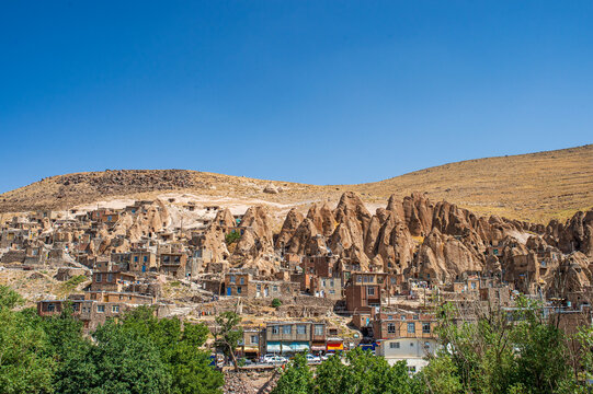 General view of the troglodyte village of Kandovan with cone-shaped houses, Iran.