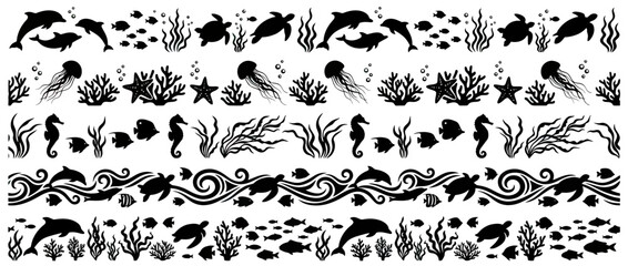 Ocean Life Silhouettes: Dolphins, Turtles, Seahorses, Jellyfish, Fish, Coral © intaniaayu