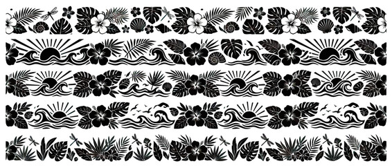 Tropical Borders: Hibiscus, Waves, Sun, Leaves, Dragonflies, Shells, Snails © intaniaayu