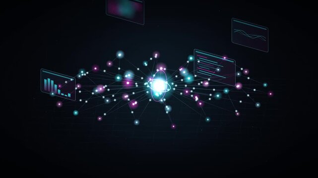 Abstract quantum computing visualization with rotating nucleus center.