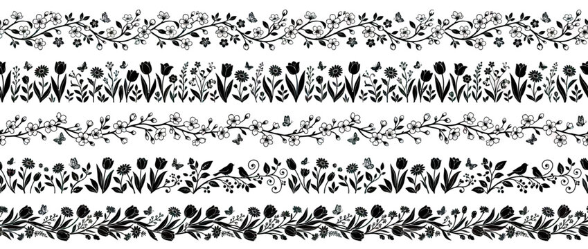 Floral Borders Collection - Decorative Botanical Seamless Patterns for Design