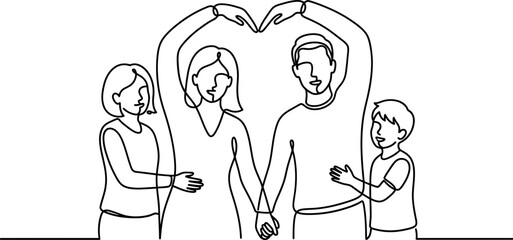 Fototapeta premium Continuous line art of a happy family making a heart shape.