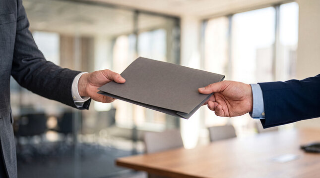 Business professionals exchanging a document folder in an office