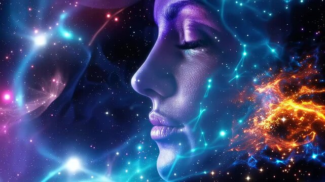 Womans Face Dissolving into Cosmic Nebula with Streaking Starlight and Swirling Gas Clouds, Representing Consciousness and Universe